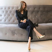 秋装女2018韩版气质西装领修身长袖高腰阔腿裤条纹连体长裤子