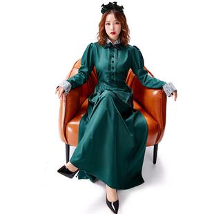 万圣节服装墨绿色高领，蕾丝气质女仆女佣长裙，cosplay服送蝙蝠头饰