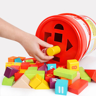 儿童积木木头益智拼装玩具，婴儿宝宝大颗粒，木质桶装1-2岁3男孩女孩