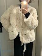 小香风羊羔毛外套(毛外套，)女2022冬季小个子，宽松加厚白色毛毛上衣棉服