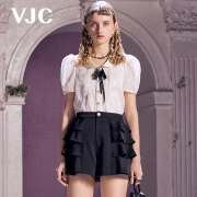 VJC/威杰思春夏女装杏色娃娃领短袖衬衫修身短款上衣