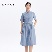 lancy朗姿2023夏季收腰显瘦条纹衬衫连衣裙高级感气质裙子女