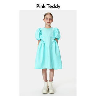 pinkteddy童装女童泡泡袖连衣裙，2023夏装儿童蓝色短袖蓬蓬裙a字裙
