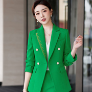 高货2024年春秋季绿色长袖西装外套女裤子两件套装优雅时尚气