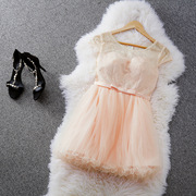 夏季粉色连衣裙子女士蕾丝拼接套头短袖蓬蓬裙日常订婚小礼服6703