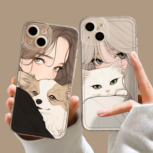 猫与少女手机壳适用苹果15可爱16/iphone14promax猫咪13二次元12mini动漫11新款x情侣8plus透明xr硅胶xs全包7