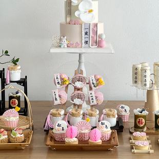 粉色系新中式屏风兔宝宝，周岁生日甜品台宝宝，宴竹筒杯一岁一礼贴