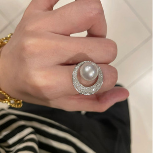 南洋金珍珠(金珍珠)戒指，澳白色开口指环，大溪地极光灰小众百搭满钻纯银女戒