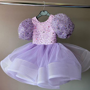 女童泡泡袖公主裙亮片网纱中小童紫色蓬蓬裙欧美跨境儿童礼服