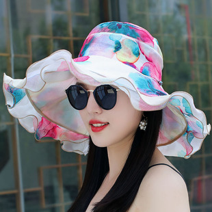 遮阳帽子女士韩版夏天大沿太阳帽出游防晒荷叶，边沙滩帽防风可折叠