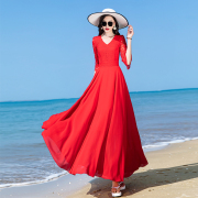 沙滩连衣裙长裙飘逸2024夏季红色V领显瘦大摆超长款到脚踝女