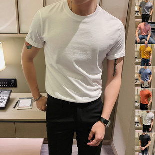 夏季男士纯色圆领短袖t恤韩版修身简约时尚，休闲棉体恤半袖打底衫