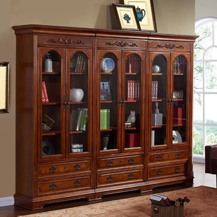 美式实木书柜书房书橱，复古书架带转角落地收纳储物柜，欧式组合书柜