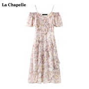 拉夏贝尔/La Chapelle吊带雪纺连衣裙女夏季中长款碎花裙子