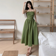 girlsat18绿色吊带裙女夏季法式度假风气质，性感高腰显瘦a字长裙