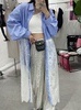 韩国chic2024春季大码条纹撞色拼接蕾丝衬衫连衣裙，开衫中长款上衣
