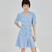 jiujiu复古蓝白条纹连衣裙女设计感小众，夏季2023v领衬衫裙子