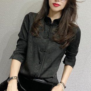 黑色高级感衬衫女复古中国风，时尚洋气长袖盘扣衬衣显瘦气质上衣潮