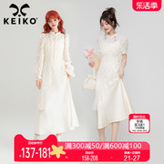 keiko清冷白色系(白色系，)穿搭旗袍改良连衣裙，夏季新中式开叉勾花蕾丝裙子