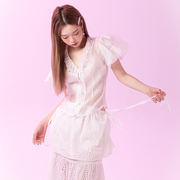 Yann M原创设计白色波点欧根纱泡泡袖修身浪漫可爱纯欲蕾丝领上衣
