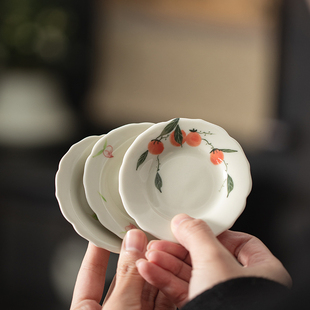 釉下彩纯手绘柿柿如意陶瓷，杯垫茶托盖置仿古茶具，茶道配件隔热垫