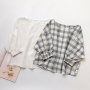日系清新森女夏季轻薄宽松纯棉白色，七分袖衬衫圆领格子中袖衬衣