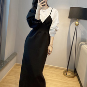 法式假两件黑白撞色收腰连衣裙，长款高级感小黑裙女2023夏