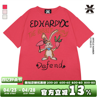 edhardyx夏季潮牌个性兔子，烫钻玫红粉色圆领，短袖t恤男女同款体恤