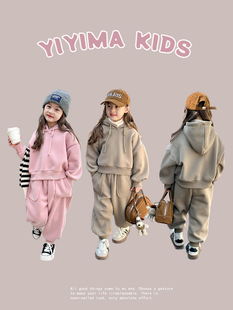 女童韩版加厚一体绒卫衣卫裤两件套2023冬季儿童，宝宝加绒保暖套装