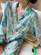 日本gppique春真丝绸睡衣，套装女高级感网红花鸟图印花家居服长袖