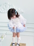 女童仙女公主风生日爱莎套装，蓝白tutu裙蓬蓬，短裙纱网打底长袖上衣
