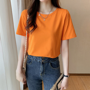 橙色短袖t恤女2023年纯棉夏季宽松圆领半袖简约百搭体恤上衣