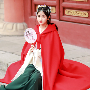 汉服女中式红色斗篷保暖外套中国风古装加绒加厚秋春季中长款披风