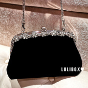 lolibox定制丝绒高档合金水钻，大容量女小包，手拿手提斜跨晚宴会包