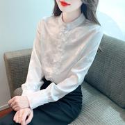 新中式国风女装秋装2023年醋酸缎面上衣白色雪纺衬衫立领衬衫