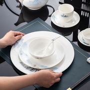 新中式国风山水画骨瓷酒店，摆台餐具套装，私房餐厅包厢菜鱼盘碗碟勺