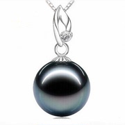 天然南洋海水母贝单颗黑色圆形珍珠925银吊坠托送锁骨项链女饰品