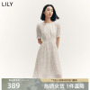 lily2023秋女装时尚，复古波点纯色短袖显瘦高腰，度假风连衣裙