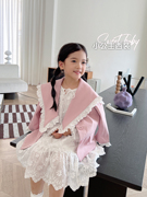 女童西装外套粉色蕾丝小西服，2022洋气时髦周岁礼服女宝宝英伦