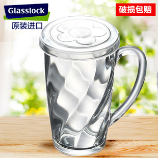 Glasslock钢化玻璃水杯办公茶杯带盖牛奶早餐微波炉耐热带柄加厚