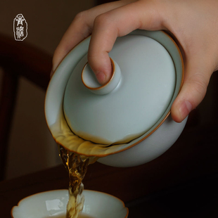 汝窑盖碗茶杯单个大号泡茶碗景德镇汝瓷三才杯，手工陶瓷茶具冰裂釉