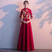 新娘敬酒服2023春七分袖长款中式结婚礼服，裙女中国风红色旗袍