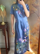 中国风复古蓝紫色真丝，手工苏绣刺绣，荷花莲塘月色旗袍连衣裙显瘦女