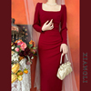 巷里法式复古红色连衣裙，秋季赫本修身显瘦气质，结婚敬酒小礼服长裙