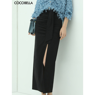 COCOBELLA设计感捏褶高开叉通勤OL半身裙24春气质职业西装裙HS103