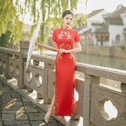 红色中式走秀旗袍修身显瘦七分袖长款宴会晚礼服中老年舞蹈演出服