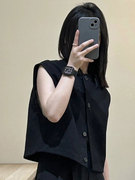 设计师自留款黑色高级感短款马甲背心女小个子单排扣独特上衣开衫