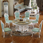 欧式餐桌椅组合大理石，大户型圆形餐桌家用实木圆桌，带转盘家具饭桌