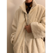 米白色兔毛绒外套，男款冬季加绒加厚晋江棉服，oversize保暖毛呢棉袄