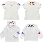 mijello miki童装 日系男女童小熊刺绣贴布海军领短袖t恤衬衣